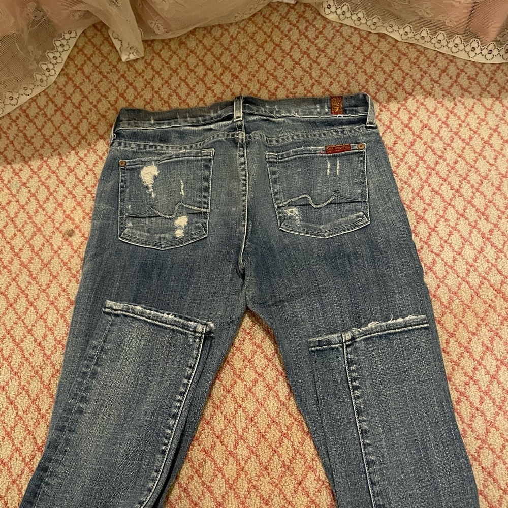 7 for All Mankind Straight leg distressed jeans.